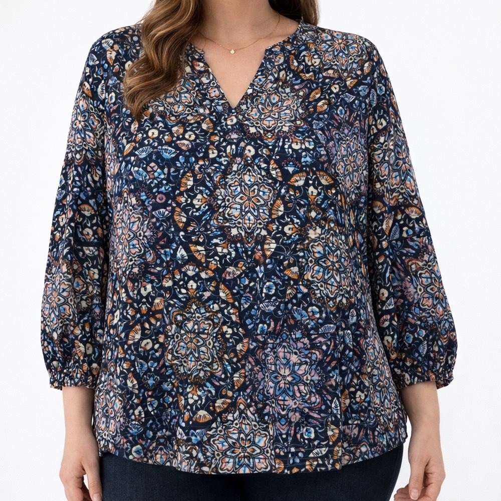 Emily Daniels Womens Medallion Paisley Burnout Stripe V-Neck Blouse Navy Large